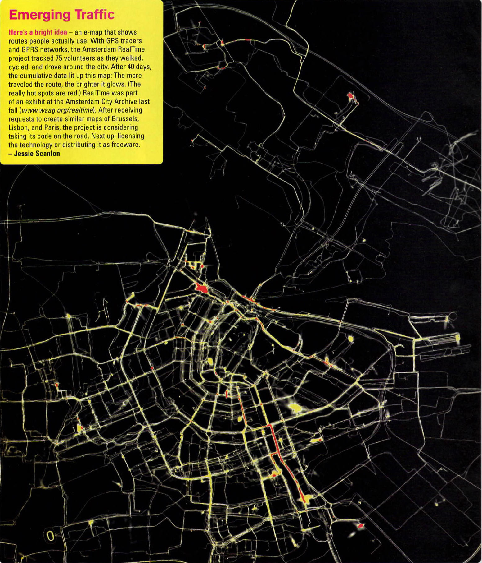 Page from Wired magazine with the title Emerging Traffic and a large GPS route map of Amsterdam