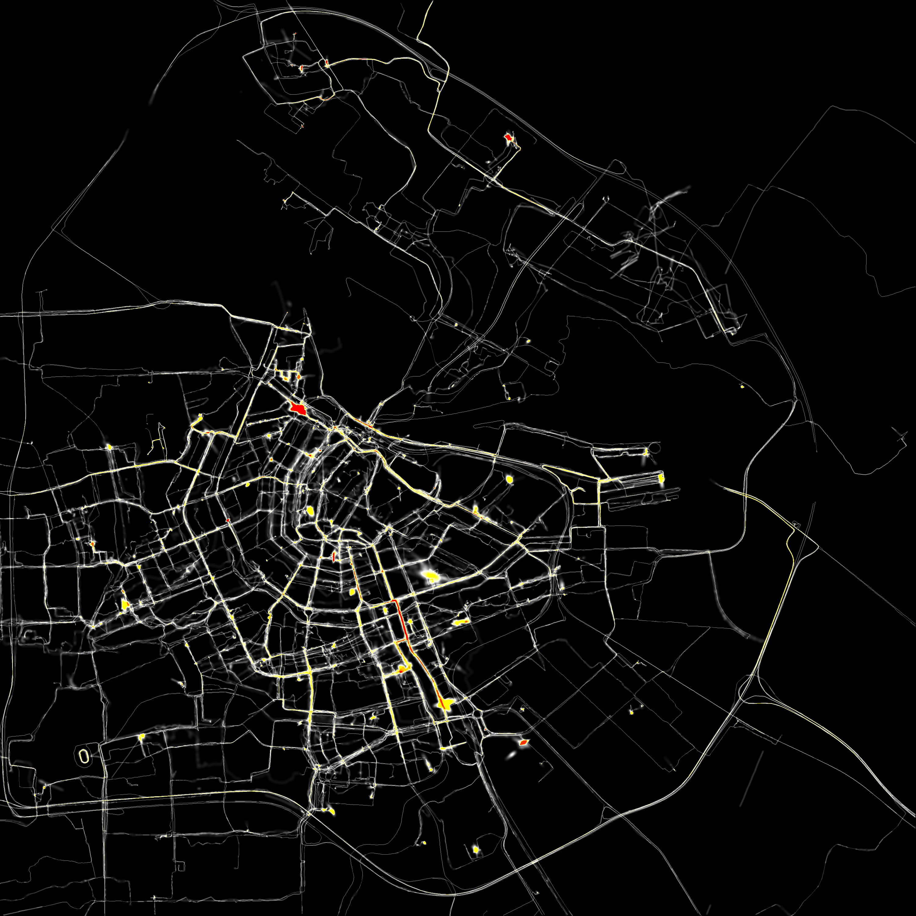 Glowing GPS trails form a map of Amsterdam on a black background, with yellow and red accents on frequently visited locations
