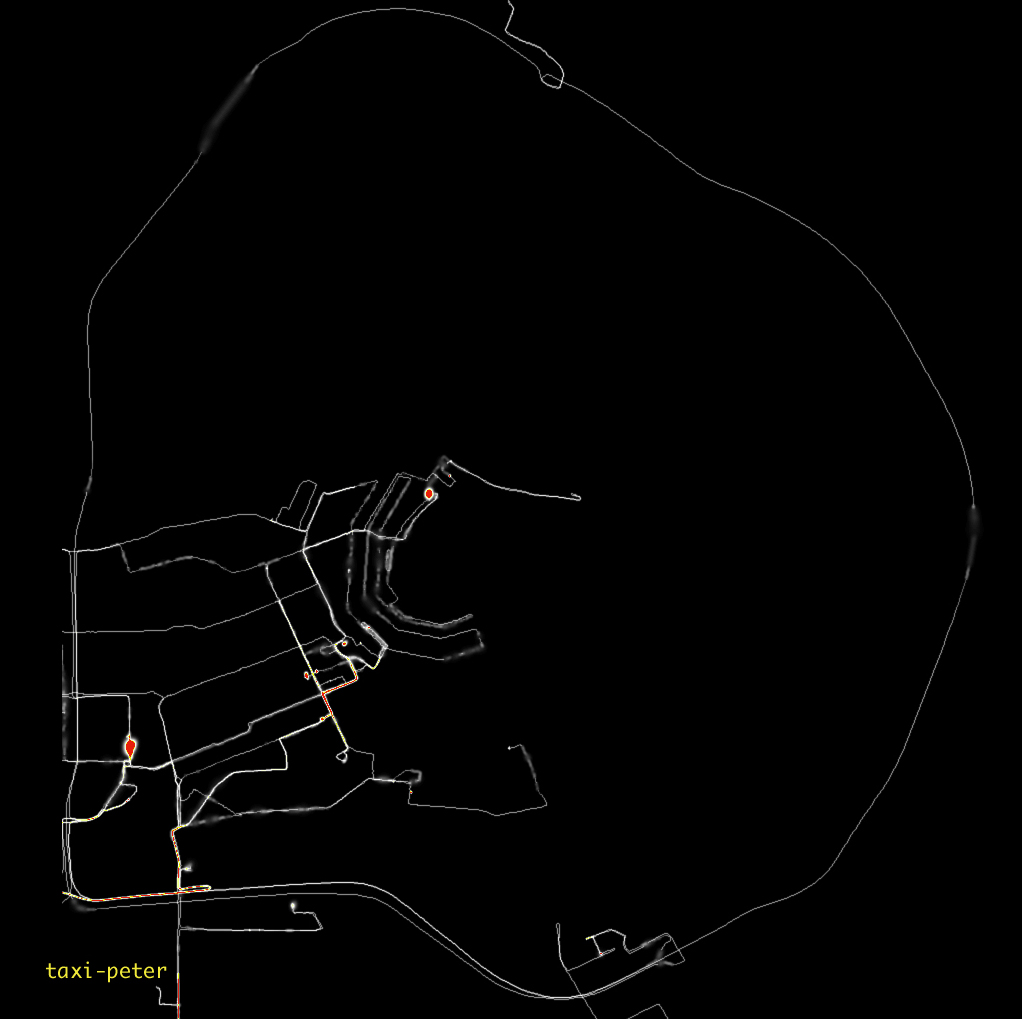 GPS route map on a black background with the label 'taxi-peter'